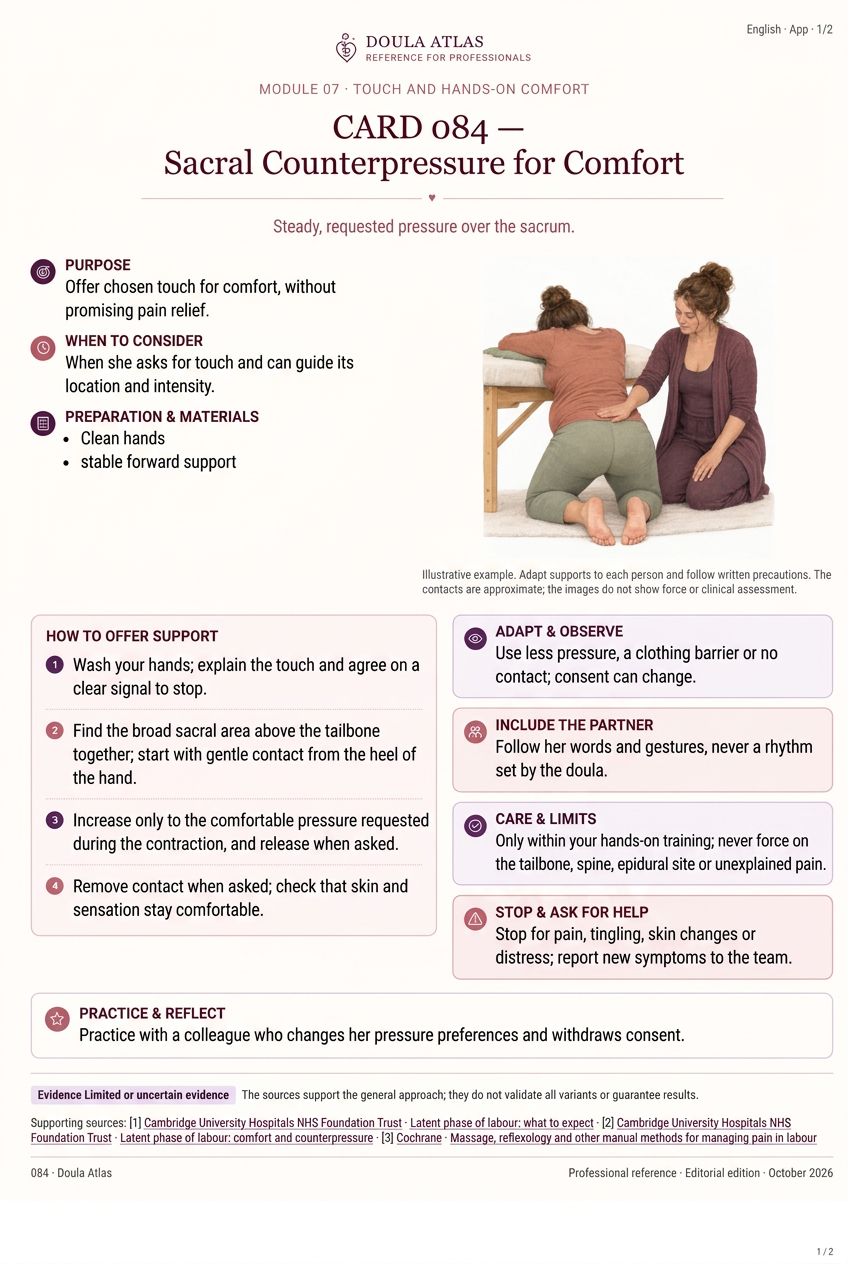 Card 084: Sacral Counterpressure for Comfort, with illustration and guidance