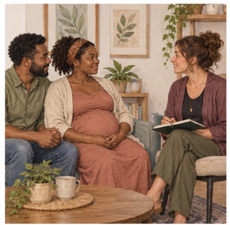 Doula talking with expectant parents during a prenatal visit