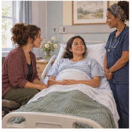 Doula, client and partner talking