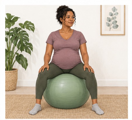 Client with birth ball and supports